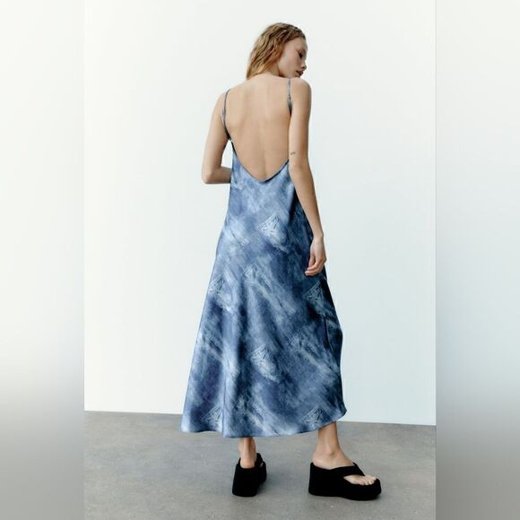 Zara PRINTED DENIM SATIN EFFECT SLIP DRESS - Picture 7 of 11